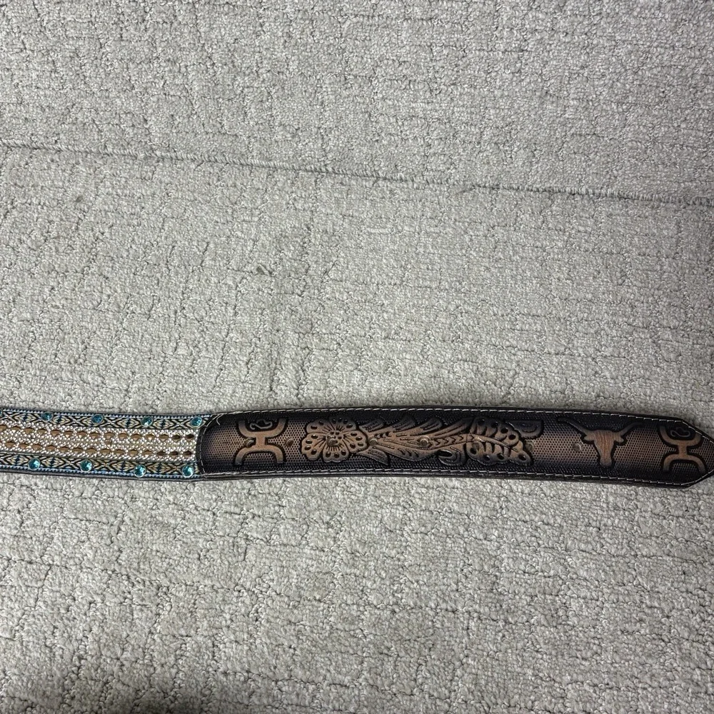 Custom Western Bling Belt Leather Tooled Texas Longhorn Buckle Rhinestone Blue L